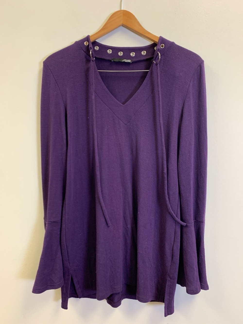 Ariella Purple V-Neck Hooded Long Sleeve Top with Grommet Ties